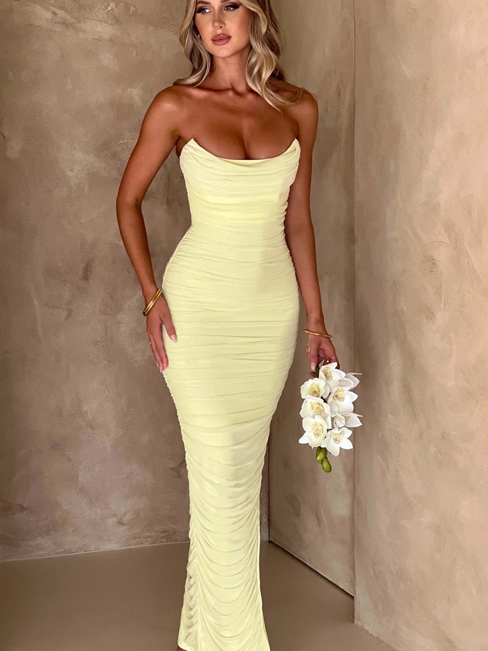 Strapless Ruched Midi Dress in Light Yellow - Picture 2 of 3